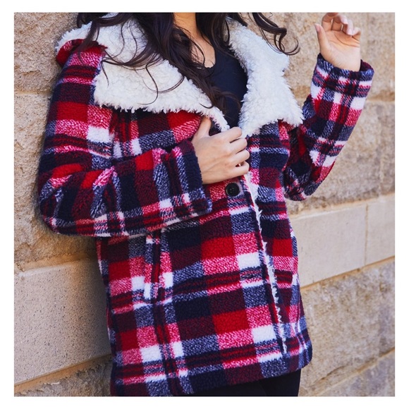 Steve Madden Jackets & Blazers - STEVE MADDEN Red Plaid Sherpa Hooded Jacket NWT